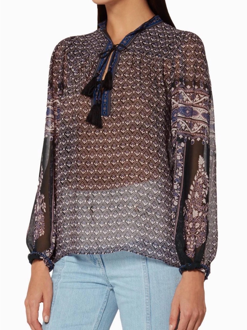 Ulla Johnson Amala geometric Indian floral print sheer silk blouse size 4